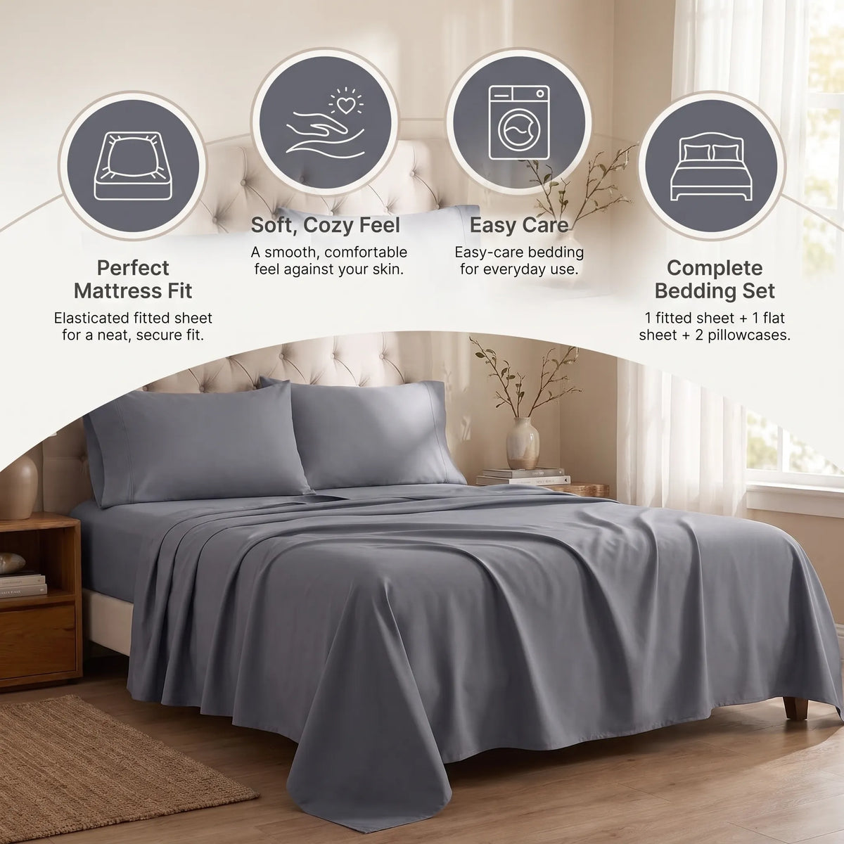 Set Lenzuola Letto 4 Pezzi in Microfibra Spazzolata
